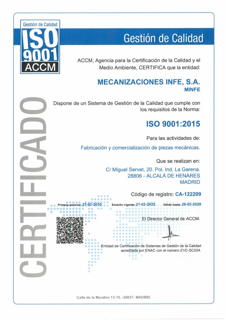 RENOVACION CERTIFICACION ISO 9001:2015 - Mecanizaciones Infe